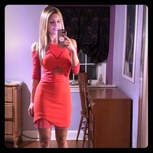 Three Floor Coral Red Lace Dress